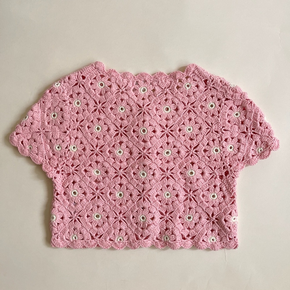 NWOT Lovers & Friends Delilah Wildflower Crochet Cardi Knit Crop in Light Pink - Picture 8 of 8
